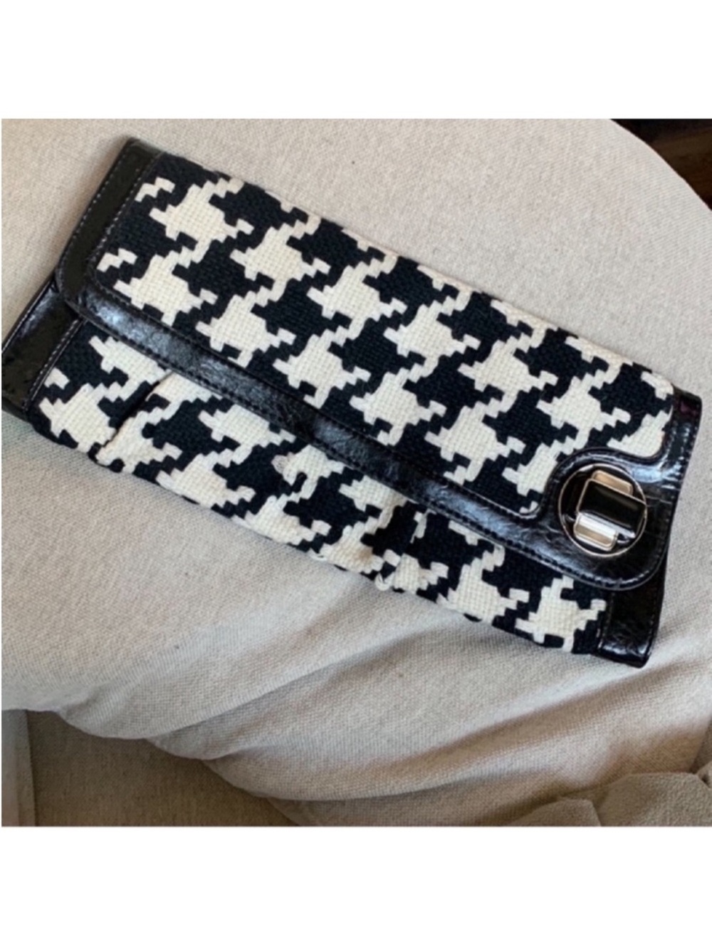 Rampage Clutch Black White Knit Houndstooth Patent Leather